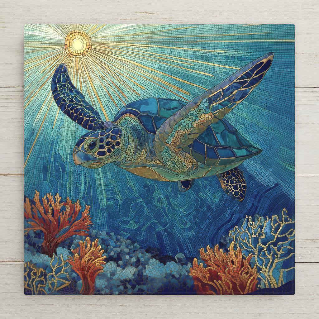 Stained glass–style sea turtle artwork printed on a ceramic tile with radiant sunbeams, glowing blue ocean detail, and vivid coral textures. Perfect for coastal décor and ocean lovers. Optional tile wall hanger, easel tile stand, cork backing, and premium frame available. Printed artwork, not real stained glass.