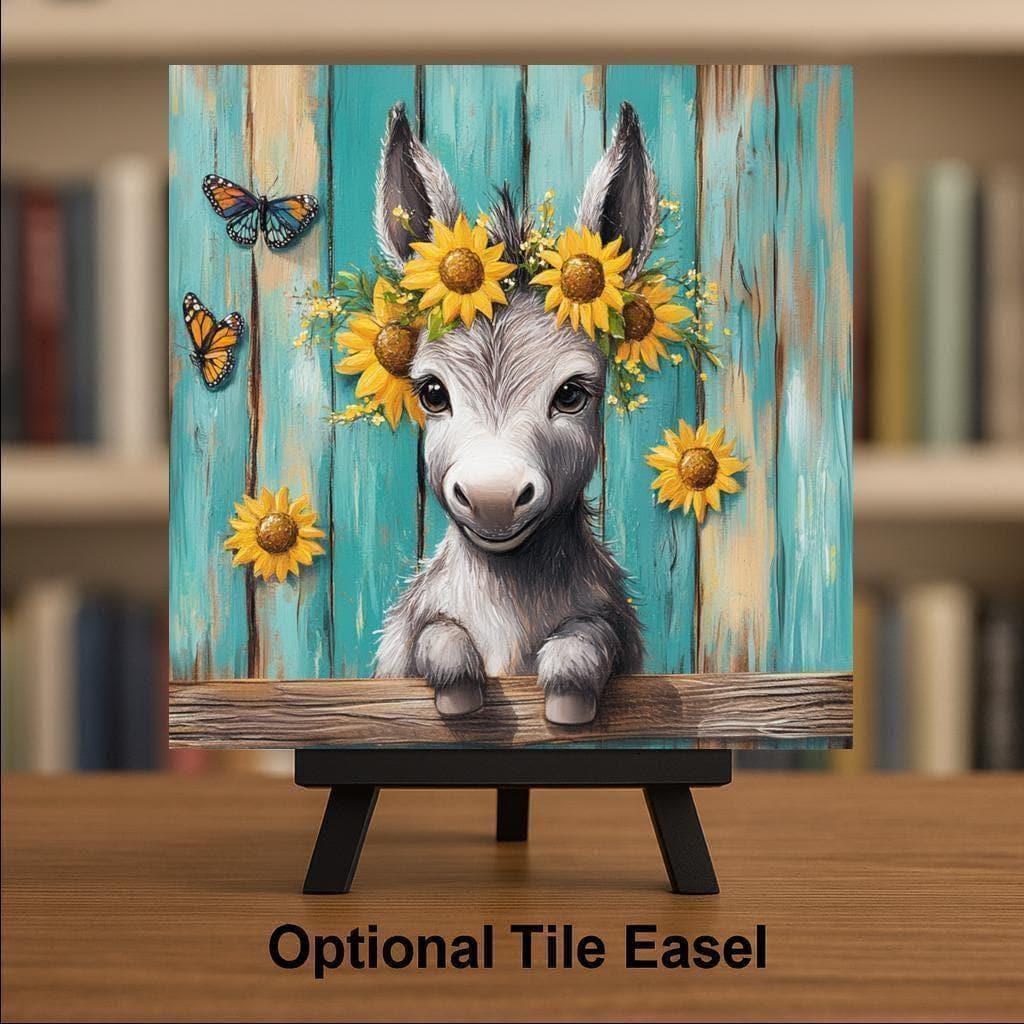 Baby Donkey Ceramic Tile Wall Art Stained Glass Style Whimsical Sunflower Farm Animal Nursery Farmhouse Decor