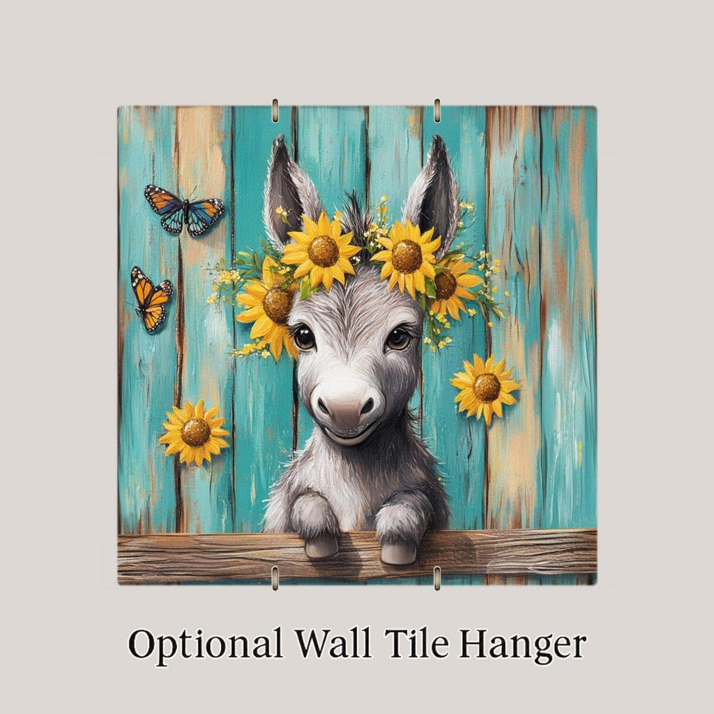 Baby Donkey Ceramic Tile Wall Art Stained Glass Style Whimsical Sunflower Farm Animal Nursery Farmhouse Decor