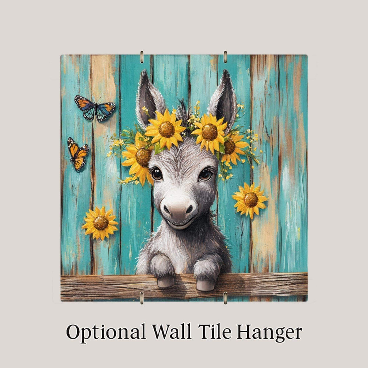 Baby Donkey Ceramic Tile Wall Art Stained Glass Style Whimsical Sunflower Farm Animal Nursery Farmhouse Decor