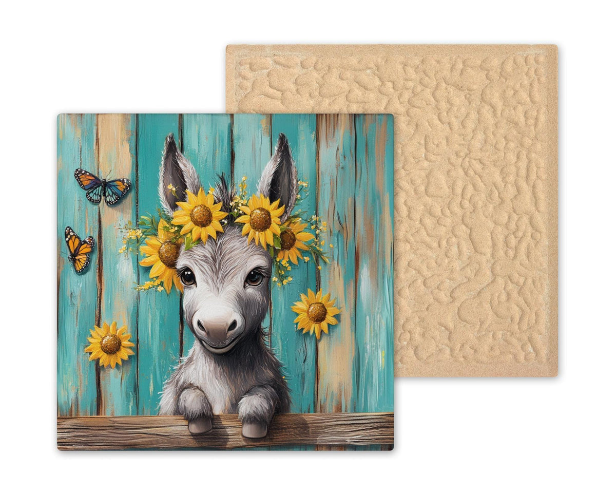 Baby Donkey Ceramic Tile Wall Art Stained Glass Style Whimsical Sunflower Farm Animal Nursery Farmhouse Decor