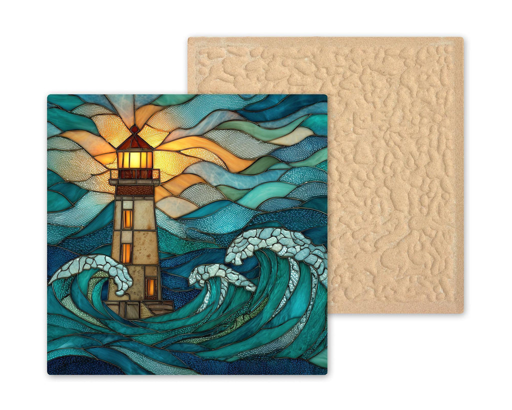 Lighthouse Stained Glass Style Ceramic Art Tile – Coastal Nautical Wall Decor, Seaside Beach House Gift