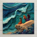 Mermaid Sisters Ceramic Tile Wall Art featuring a luminous ocean fantasy design. Vibrant jewel tones capture three mermaids watching the sea in stained glass style. A permanent print on ceramic tile (not real glass), this piece is perfect for nautical and coastal décor. Optional tile wall hanger, easel stand, or cork backing available for versatile display.