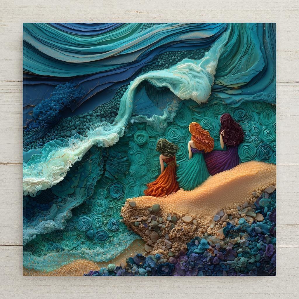 Mermaid Sisters Ceramic Tile Wall Art featuring a luminous ocean fantasy design. Vibrant jewel tones capture three mermaids watching the sea in stained glass style. A permanent print on ceramic tile (not real glass), this piece is perfect for nautical and coastal décor. Optional tile wall hanger, easel stand, or cork backing available for versatile display.