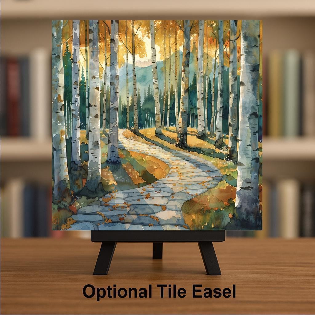 Birch Forest Wall Art Ceramic Tile – Autumn Mountain Path Wall Decor – Rustic Cabin Home Decor Nature Lodge Decor
