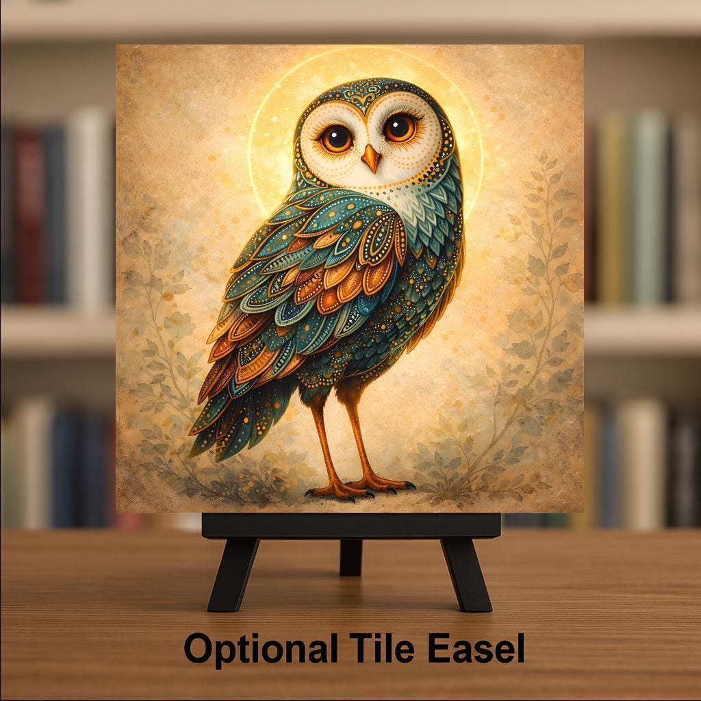 Owl Ceramic Art Tile – Stained Glass Style Boho Woodland Wall Decor, Bird Lover Nature Gift