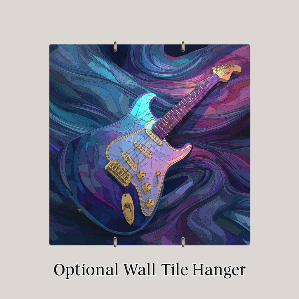 Electric Guitar Stained Glass Style Ceramic Art Tile – Cosmic Music Wall Decor, Guitar Player Man Cave Accent