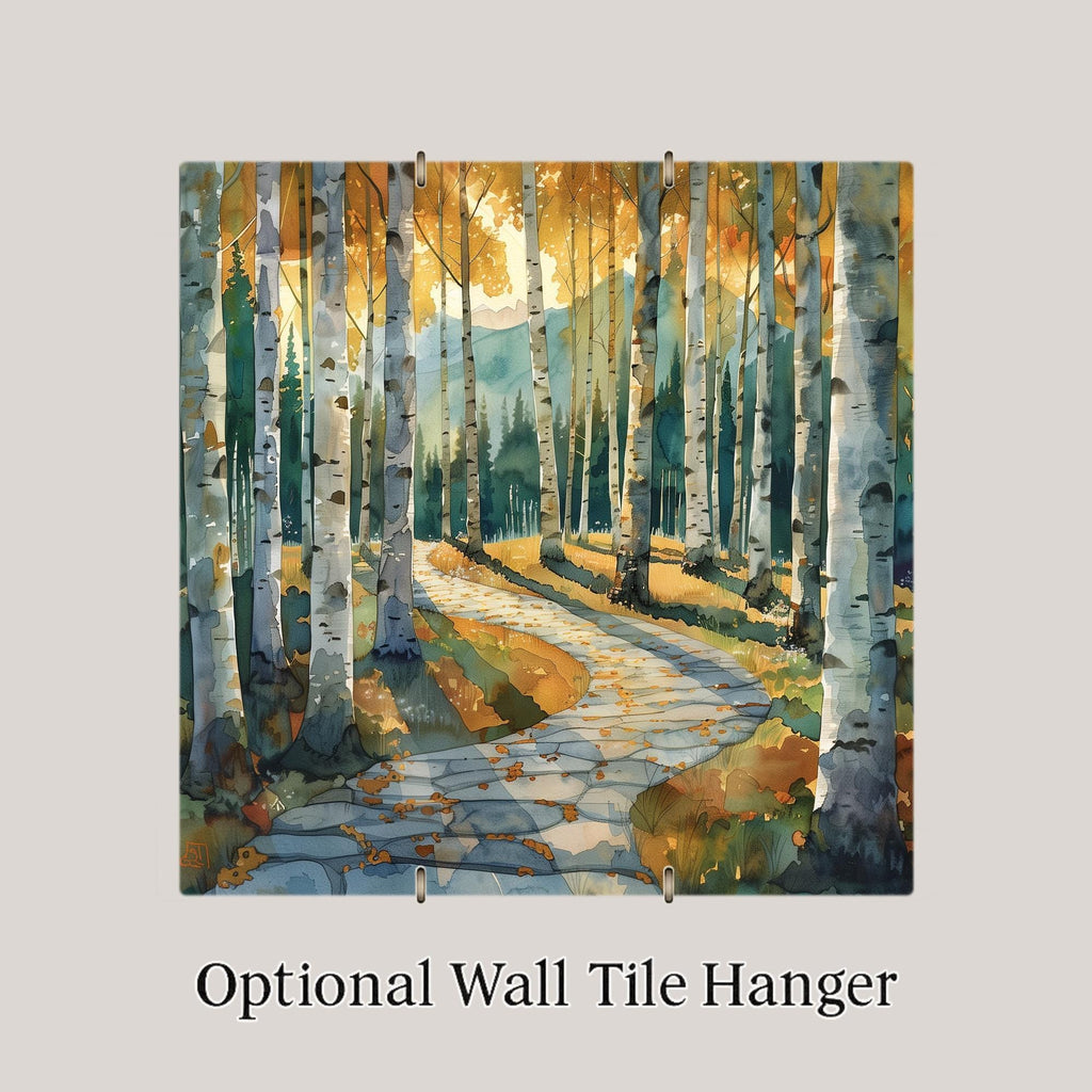 Birch Forest Wall Art Ceramic Tile – Autumn Mountain Path Wall Decor – Rustic Cabin Home Decor Nature Lodge Decor