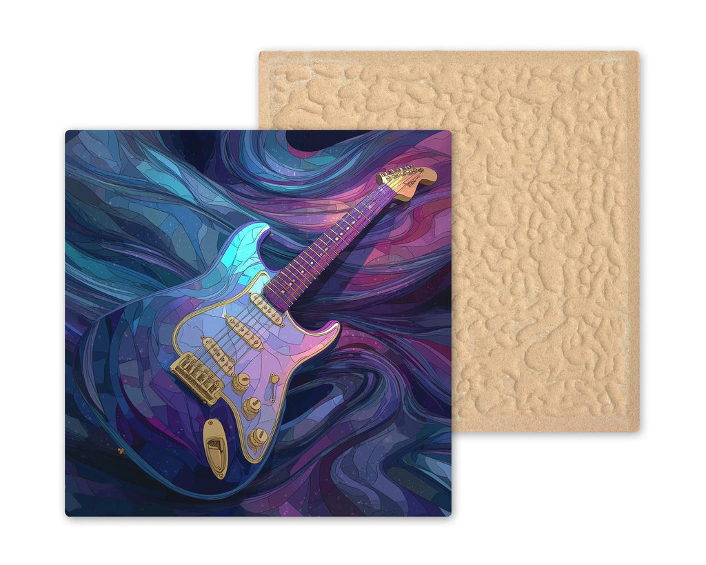 Electric Guitar Stained Glass Style Ceramic Art Tile – Cosmic Music Wall Decor, Guitar Player Man Cave Accent