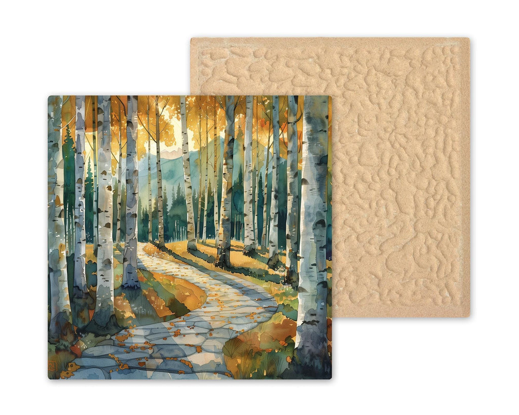 Birch Forest Wall Art Ceramic Tile – Autumn Mountain Path Wall Decor – Rustic Cabin Home Decor Nature Lodge Decor