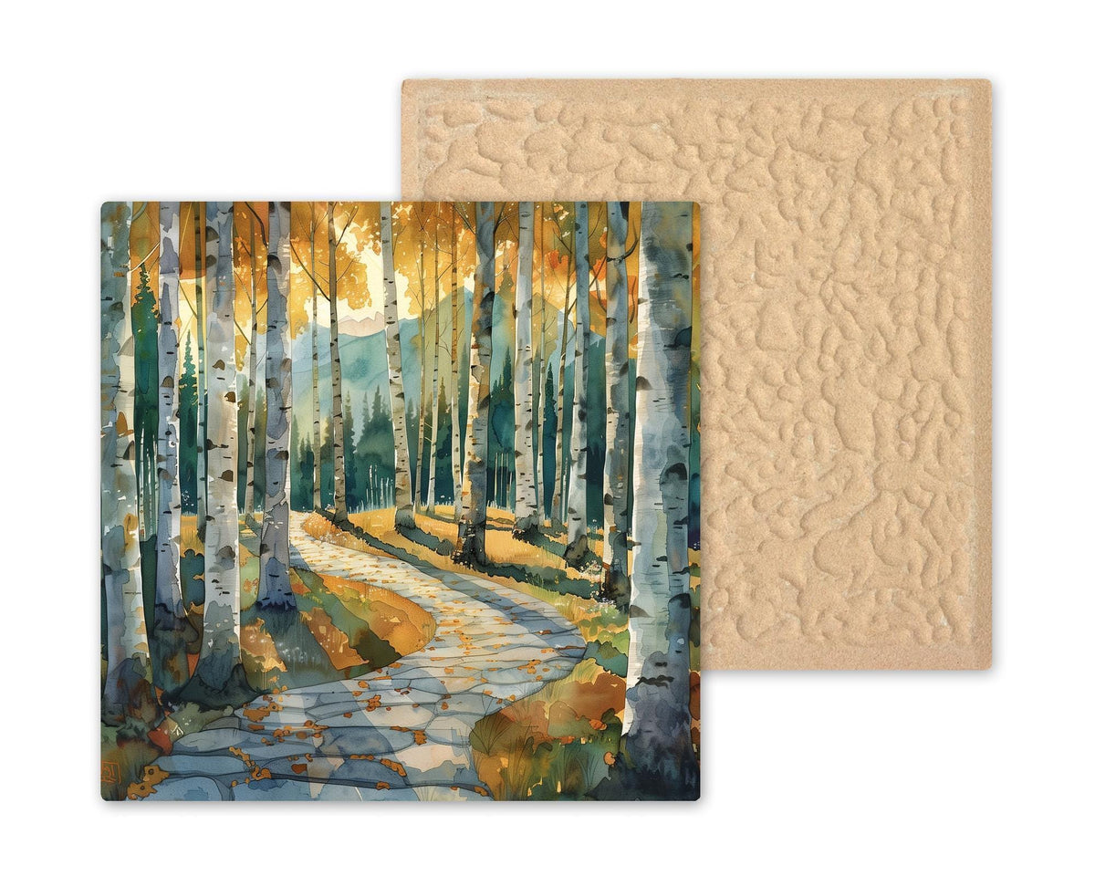 Birch Forest Wall Art Ceramic Tile – Autumn Mountain Path Wall Decor – Rustic Cabin Home Decor Nature Lodge Decor