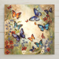 A square art print featuring butterflies and flowers. Butterflies in shades of blue, orange, and purple are scattered among red, white, and blue flowers. The background has a soft, painterly effect with a light, neutral color palette, creating a whimsical, nature-inspired scene to add to your home decor.
