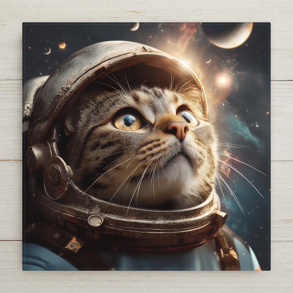 Stained glass style astronaut cat ceramic tile with a cat in a gold spacesuit floating in deep cobalt and teal cosmic space, warm star glow and nebula surrounding, a vivid cat lover and space cat sci-fi decor gift.