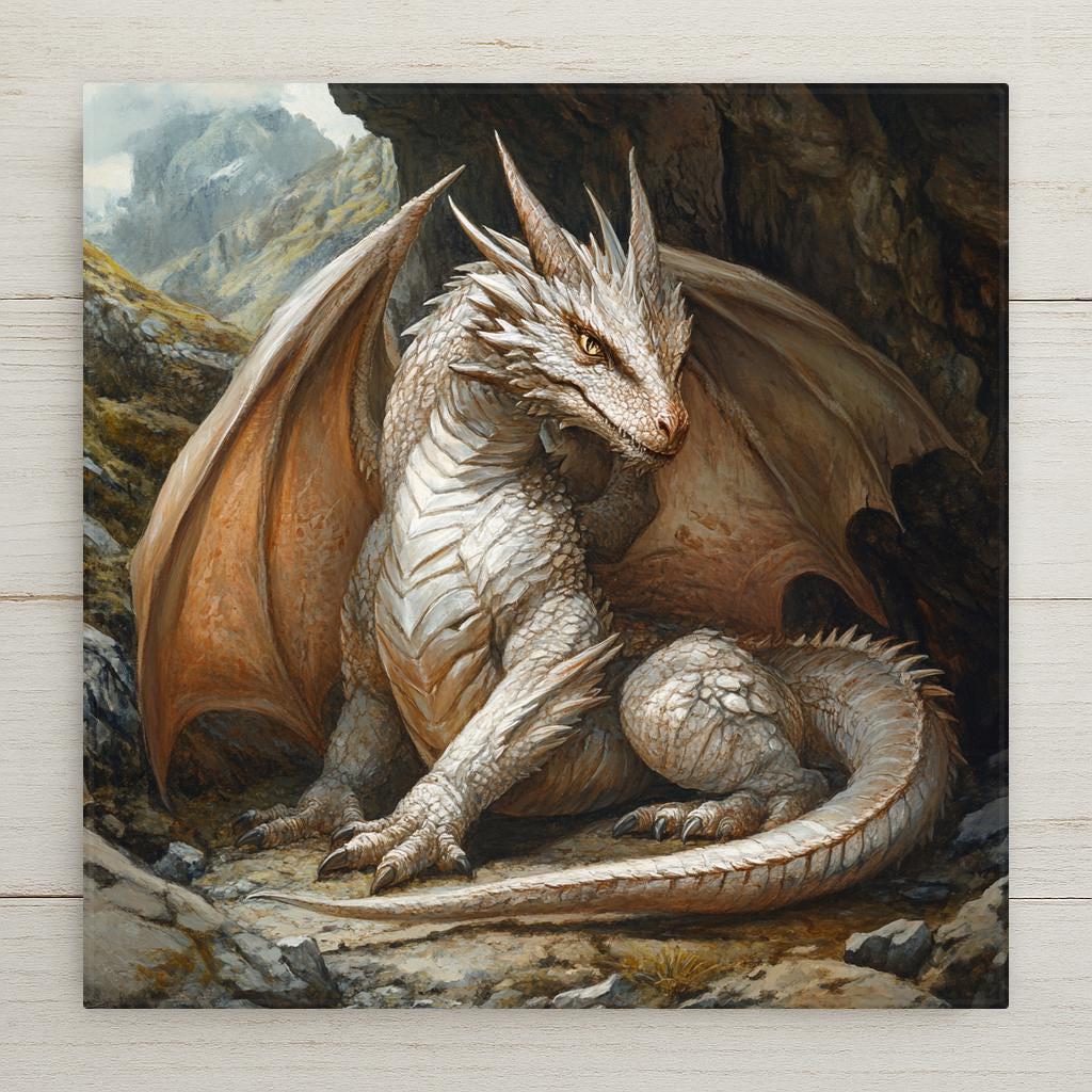Searching for the ultimate gift for a fantasy fan? This ceramic tile featuring a realistic Saint George dragon is a showstopper. The dragon curls defensively outside its cave, its wings semi-furled, as if sensing an approaching knight.