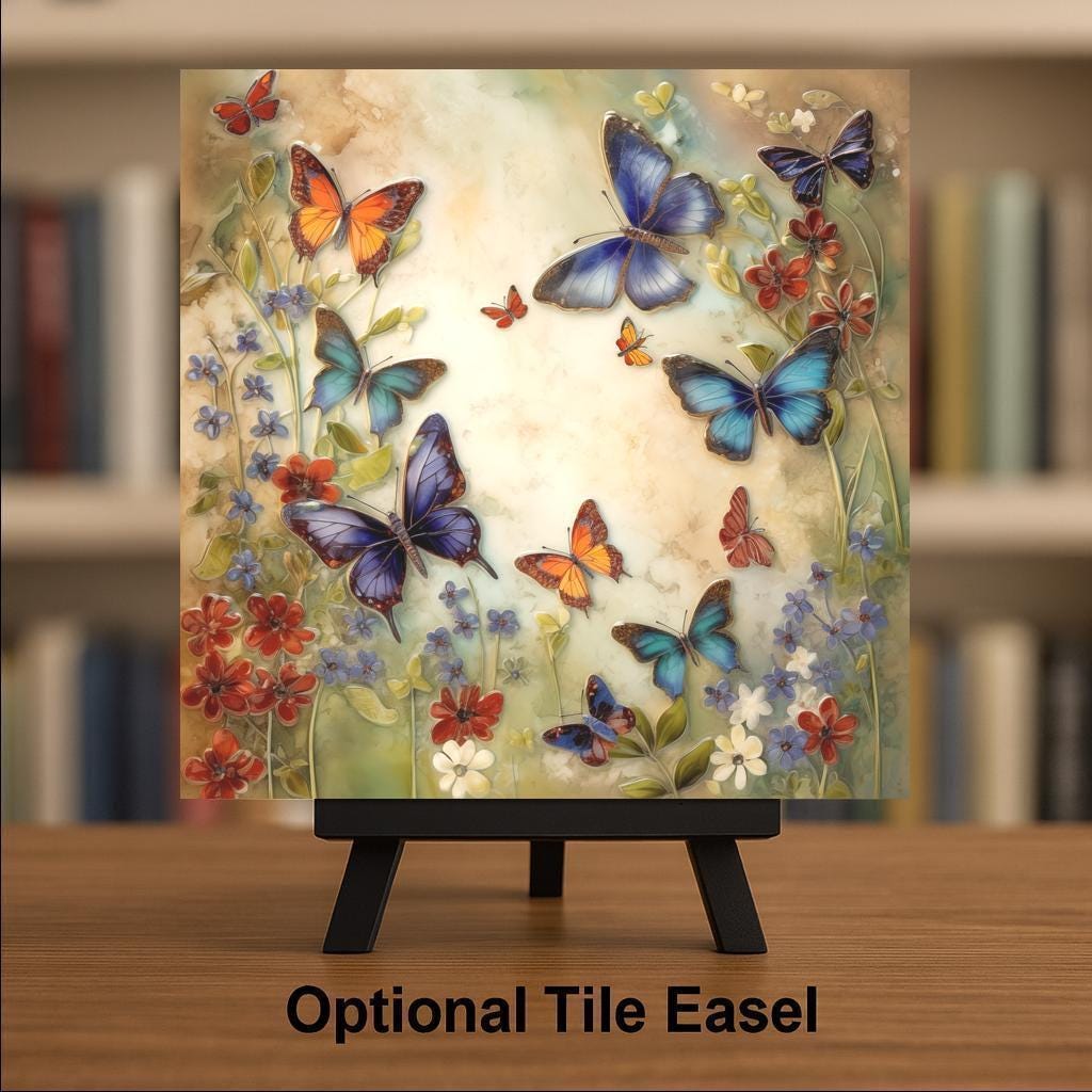 Butterfly Garden Ceramic Art Tile: Nature Wall Decor Floral Home Decor Art Lover Gift Wall Art