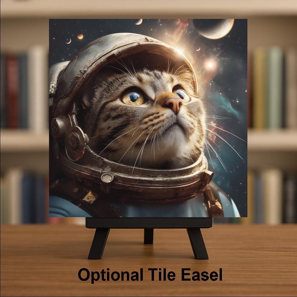 Astronaut Cat Wall Art Ceramic Tile Cat Lover Gift Space Cat Decor Sci Fi Cat Tile Art