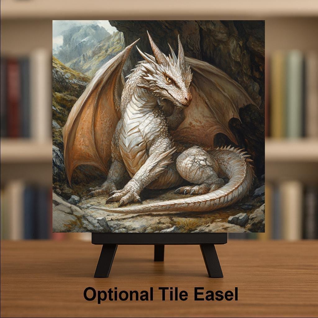 White Dragon Wall Art Ceramic Tile Medieval Fantasy Gift St George Decor Myth Creature Art Legend Gift Tile