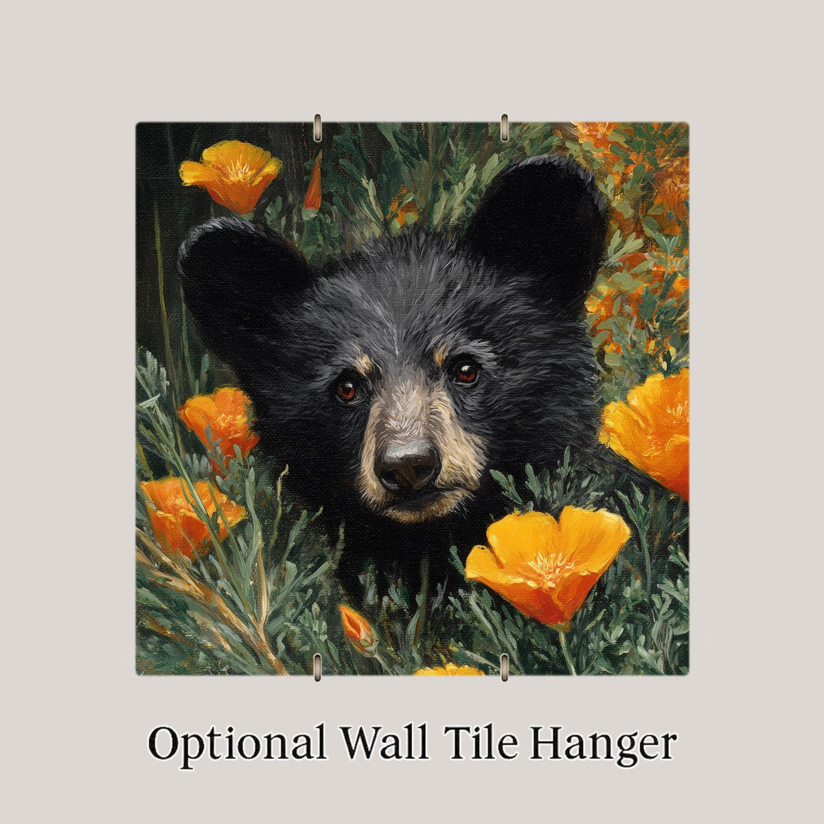 Black Bear Cub Ceramic Art Tile – Woodland Wildlife Wall Decor, California Poppy Rustic Cabin Gift