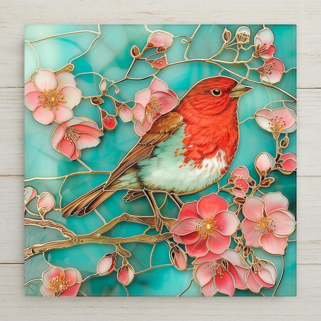Red robin tile art with cherry blossoms and a luminous teal background. Home decor stained glass look print on ceramic. Wall art with optional hanger, stand, or backing.