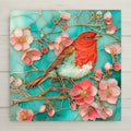 Red robin tile art with cherry blossoms and a luminous teal background. Home decor stained glass look print on ceramic. Wall art with optional hanger, stand, or backing.