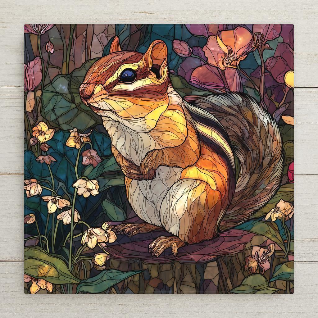 A warm stained-glass style chipmunk ceramic tile that adds cozy woodland charm to any room. This is a permanent print, not real stained glass. Optional tile wall hanger, easel tile stand, cork backing, and a premium frame are available for easy display. Perfect for rustic homes, cabin decor, and nature-loving gift-givers.