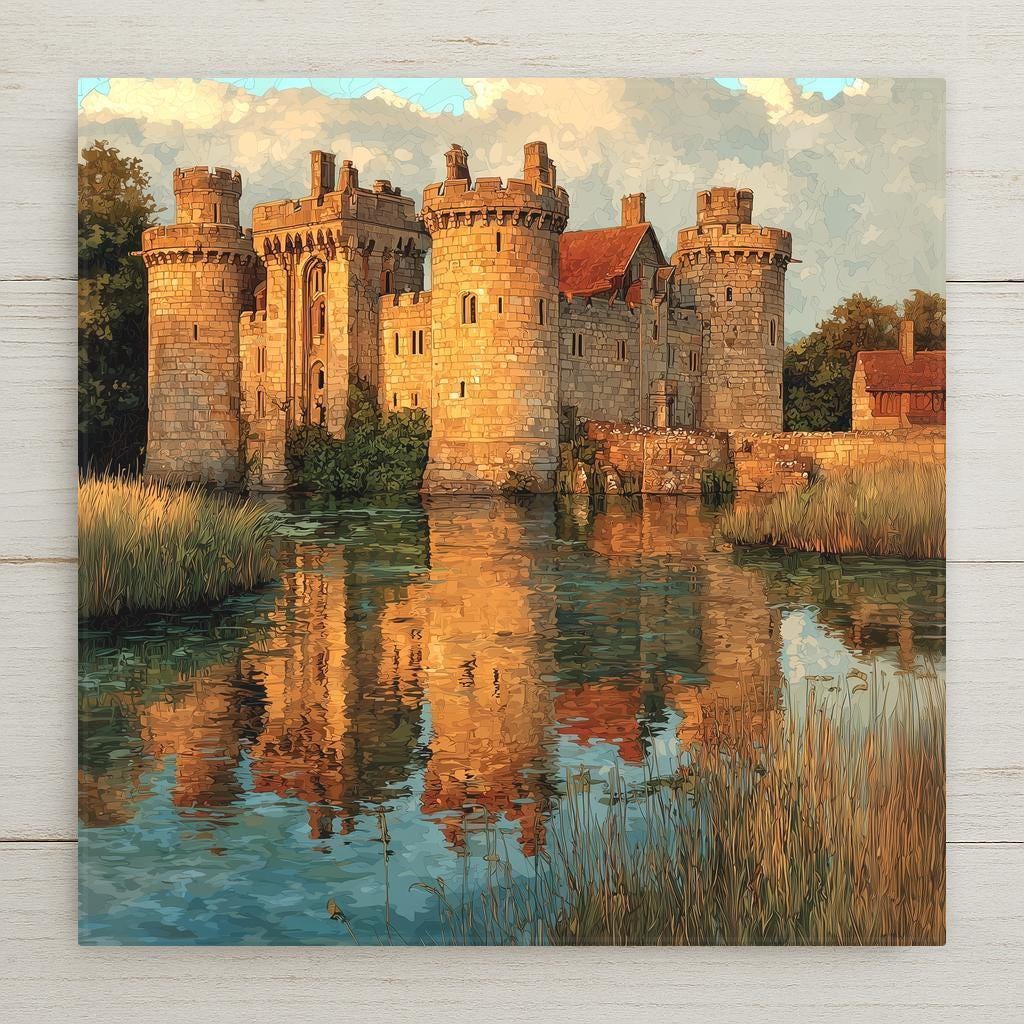 Stained glass–style ceramic tile wall art featuring Leeds Castle in Kent, England. This historic English castle artwork captures warm stone towers reflected in calm water. Printed on ceramic tile for vivid, lasting color. Decorative wall art inspired by stained glass—this is a permanent print, not real glass. Optional wall hanger, easel stand, cork backing, and premium frame available.