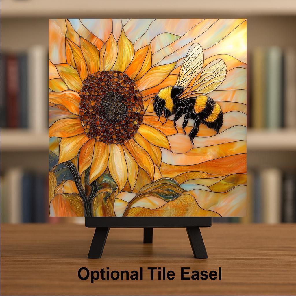 Bee Sunflower Wall Art Ceramic Tile Garden Gift Stained Glass Decor Nature Art Bee Lover Cottage Gift Tile