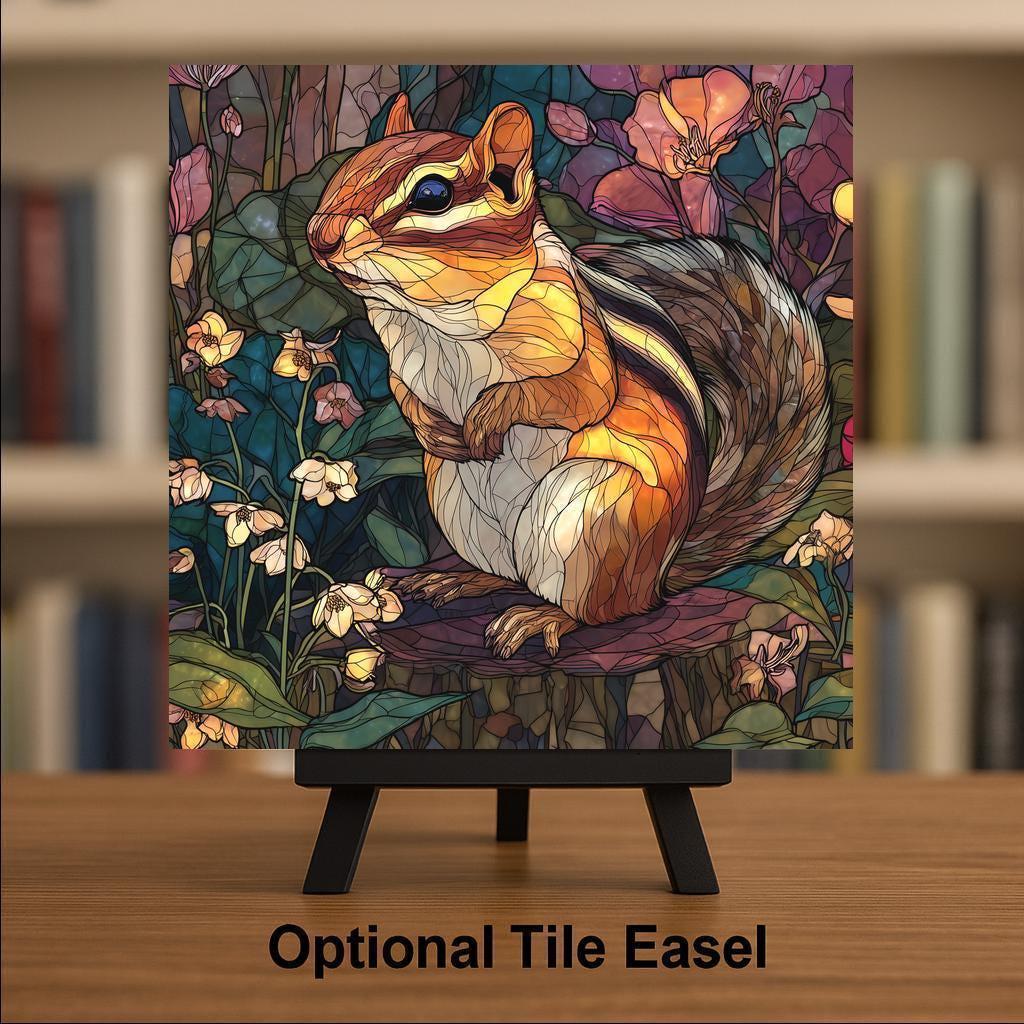 Chipmunk Wall Art Ceramic Tile Stained Glass Style Woodland Animal Nature Forest Wildlife Home Decor Gift