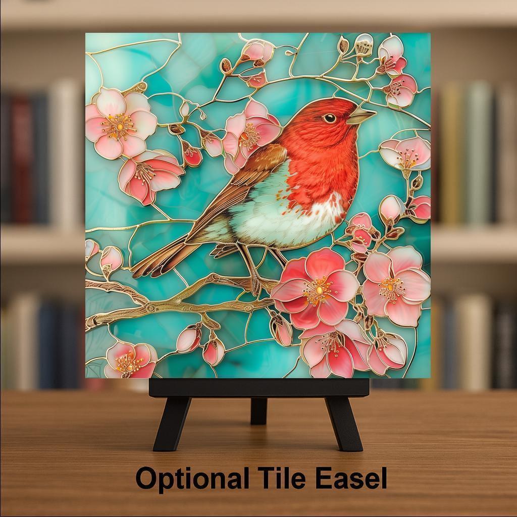Red Robin Wall Art Ceramic Tile Birdwatcher Gift Stained Glass Style Decor Robin Lover Nature Art Bird Gift Tile