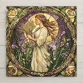 Stained glass style ceramic art tile of an art nouveau Virgo maiden holding wheat among flowers in a William Morris style roundel, celestial zodiac astrology wall decor in green gold and lavender.