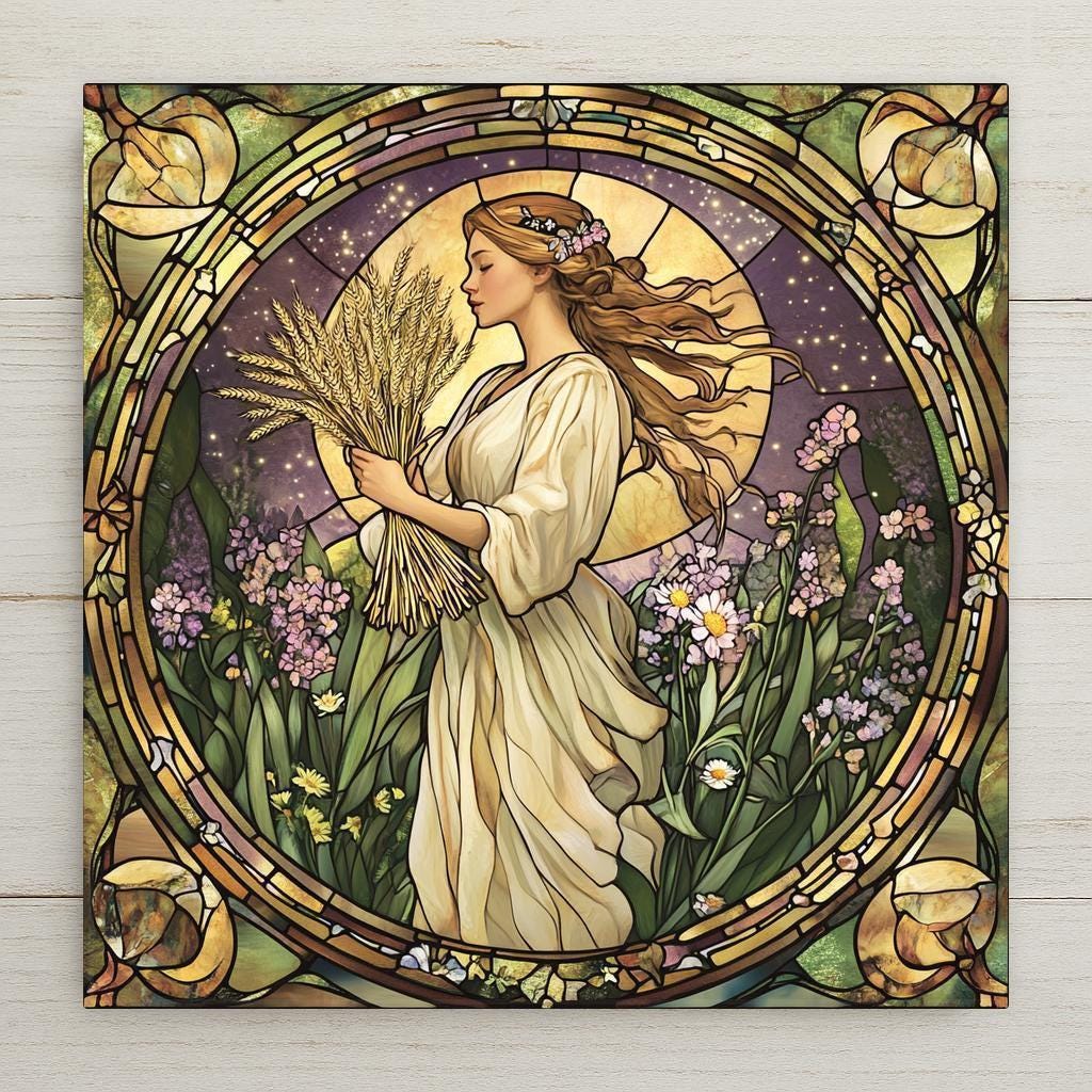Stained glass style ceramic art tile of an art nouveau Virgo maiden holding wheat among flowers in a William Morris style roundel, celestial zodiac astrology wall decor in green gold and lavender.