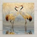 Two elegant cranes stand together in calm water, symbolizing lifelong love, devotion, and partnership. This stained glass-style ceramic tile wall art makes a meaningful anniversary or wedding gift for couples and nature lovers. Permanently printed on ceramic tile with optional wall hanger, easel stand, cork backing, or premium frame for versatile display.