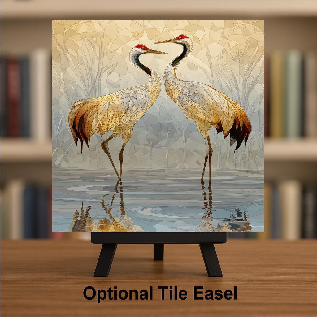 Cranes Ceramic Art Tile – Stained Glass Style Nature Wall Decor, Anniversary Couple Devotion Gift