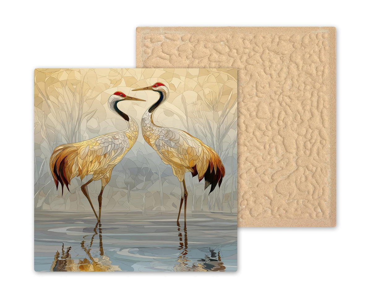 Cranes Ceramic Art Tile – Stained Glass Style Nature Wall Decor, Anniversary Couple Devotion Gift