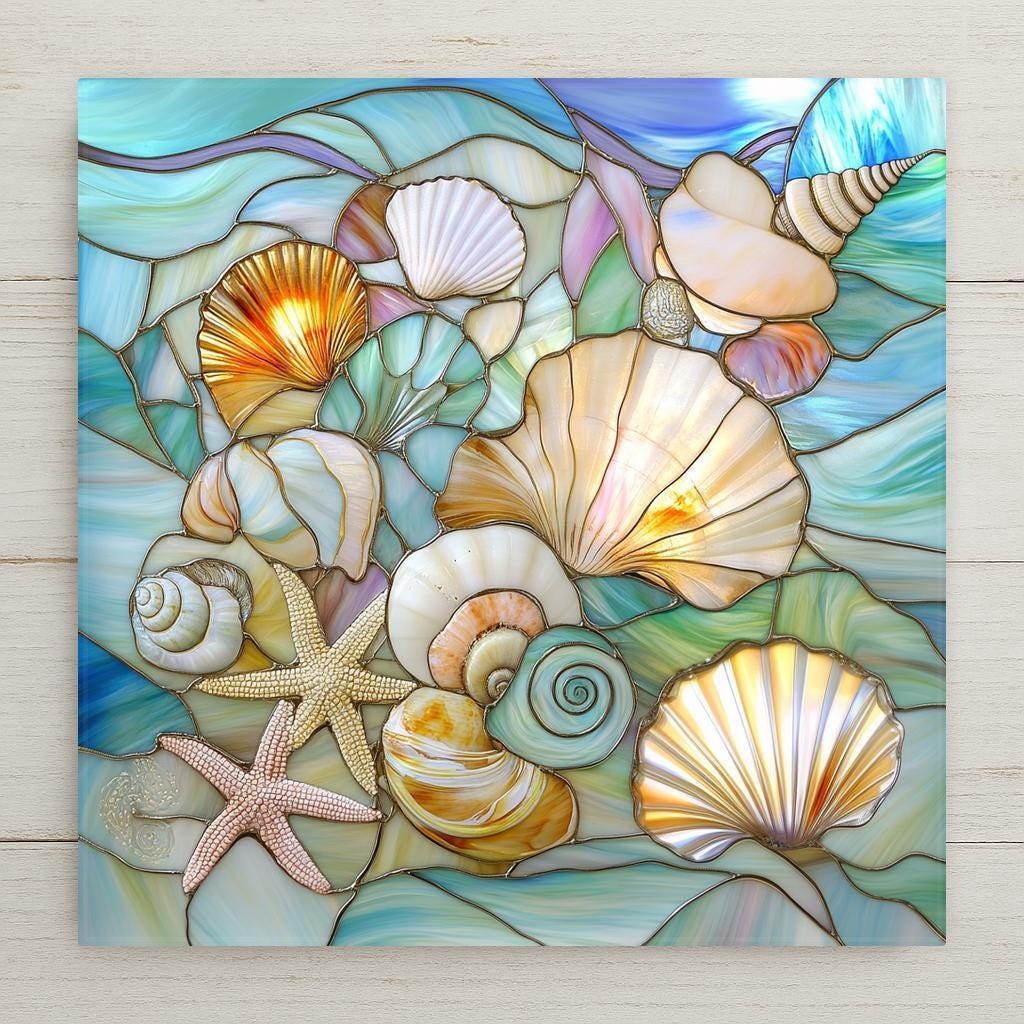 Ocean-themed ceramic tile featuring stained glass-style seashells, starfish, and waves in calming beach colors. Not actual stained glass—this is a permanent printed design. Fade-resistant and perfect for beach houses or ocean-inspired décor. Optional wall hanger, cork backing, or easel stand available.