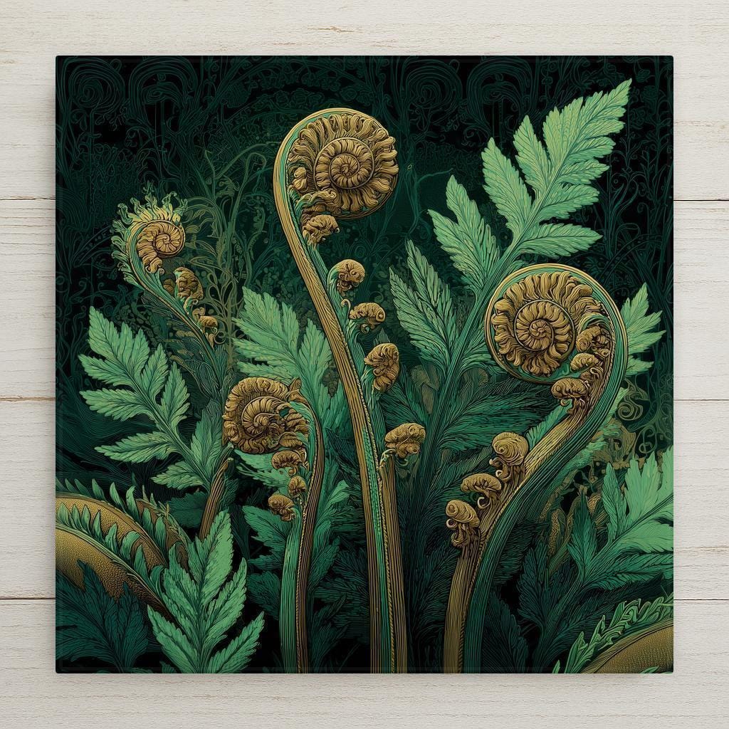 Art Nouveau inspired fern fronds and detailed fiddleheads in deep emerald and antique gold against a dark woodland background.