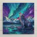 Stained glass–style wolf ceramic tile featuring glowing Northern Lights, mountain scenery, and mosaic textures. Perfect for rustic décor or wildlife lovers. Optional tile wall hanger, easel tile stand, cork backing, and premium frame available. Printed artwork, not real stained glass.