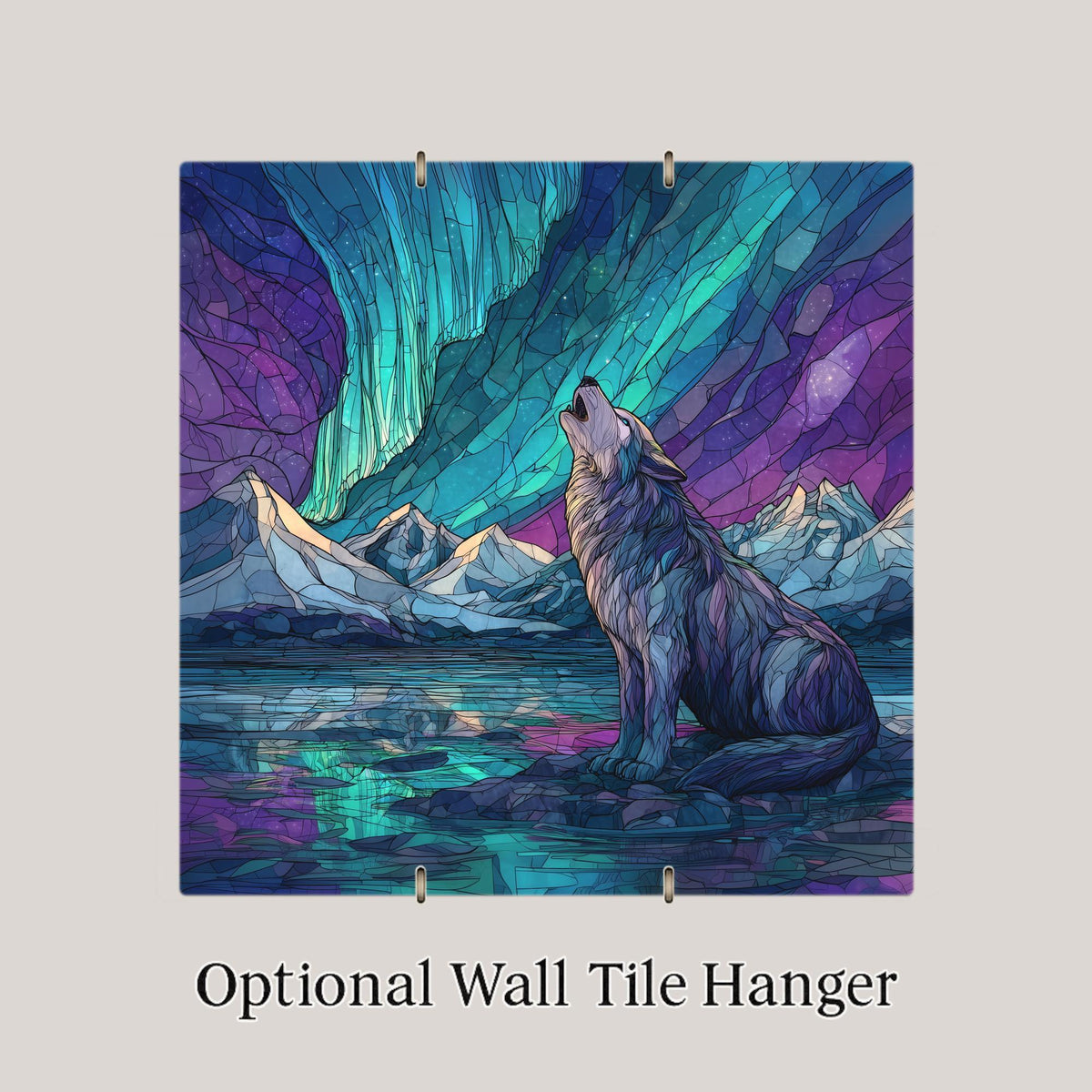 Aurora Wolf Ceramic Art Tile – Aurora Borealis Gift, Mountain Wildlife Art, Wolf Lover Gift, Stained Glass Nature