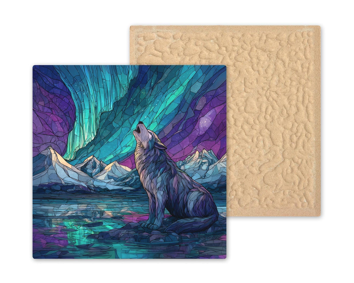 Aurora Wolf Ceramic Art Tile – Aurora Borealis Gift, Mountain Wildlife Art, Wolf Lover Gift, Stained Glass Nature