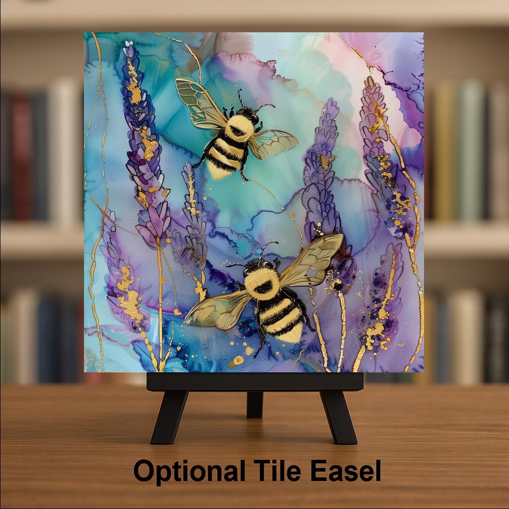 Lavender Bee Ceramic Art Tile – Botanical Garden Art, Bee Lover Gift, Honey Bee Lavender Floral, Farmhouse Nature Decor