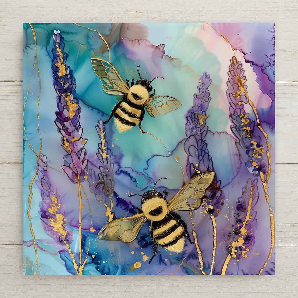 Lavender bee wall art ceramic tile featuring purple floral botanical design with honey bees and gold accents on a soft teal alcohol ink background, farmhouse decor style.