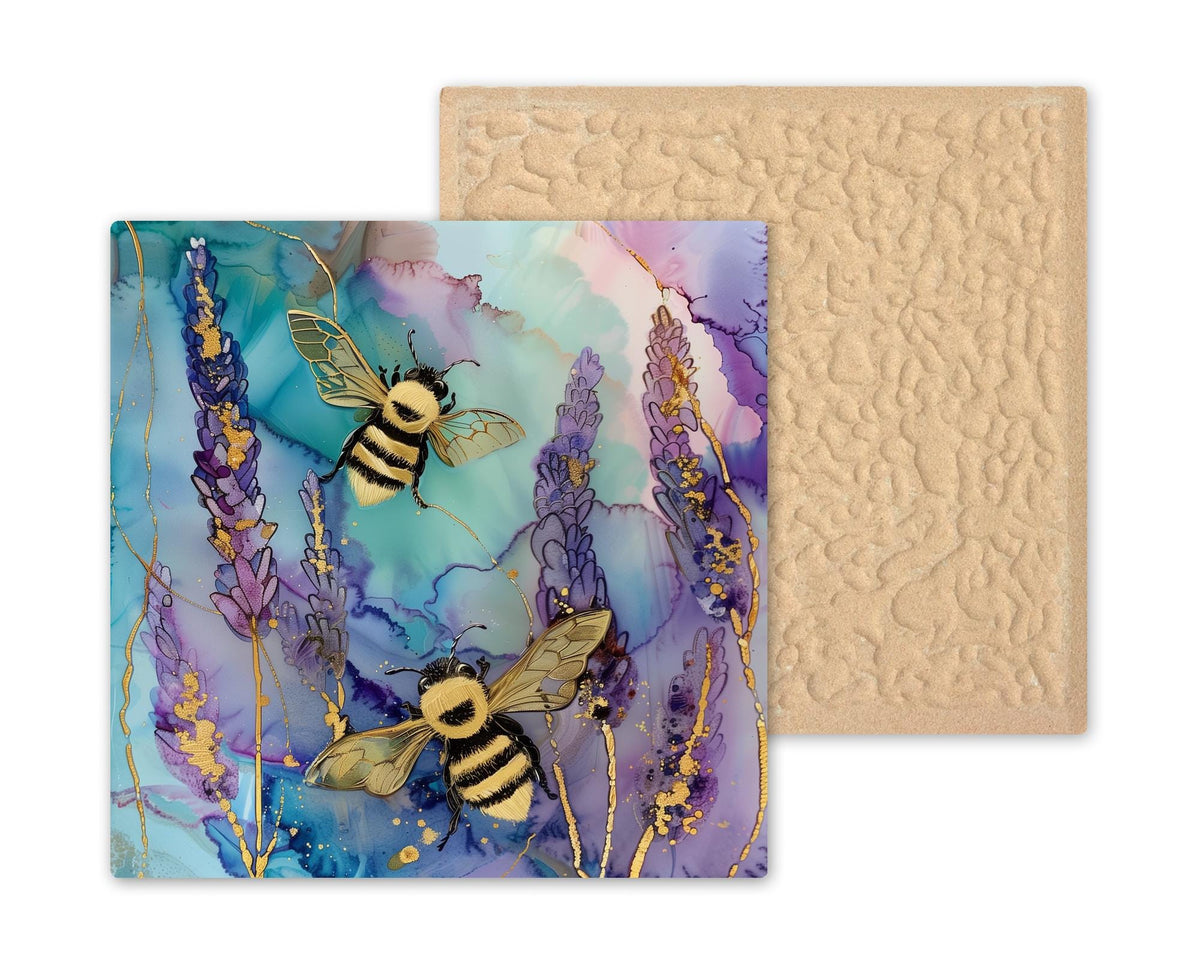 Lavender Bee Ceramic Art Tile – Botanical Garden Art, Bee Lover Gift, Honey Bee Lavender Floral, Farmhouse Nature Decor