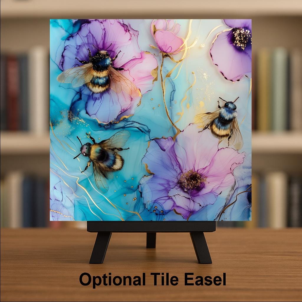 Bee Wall Art Ceramic Tile Botanical Wall Decor Floral Tile Modern Nature Art Honey Bee Decor Colorful Floral Wall Decor Home Decor