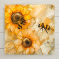 Sunflower bee wall art ceramic tile featuring bright yellow floral design with honey bees and gold accents, perfect for kitchen decor and farmhouse home styling.
