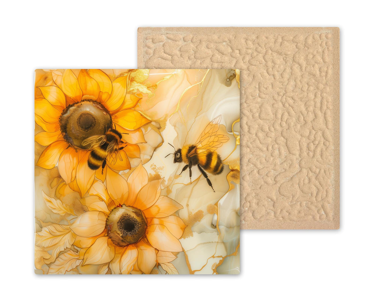 Sunflower Bee Wall Art Ceramic Tile Kitchen Wall Decor Yellow Floral Tile Farmhouse Kitchen Decor Honey Bee Gift Rustic Home Decor