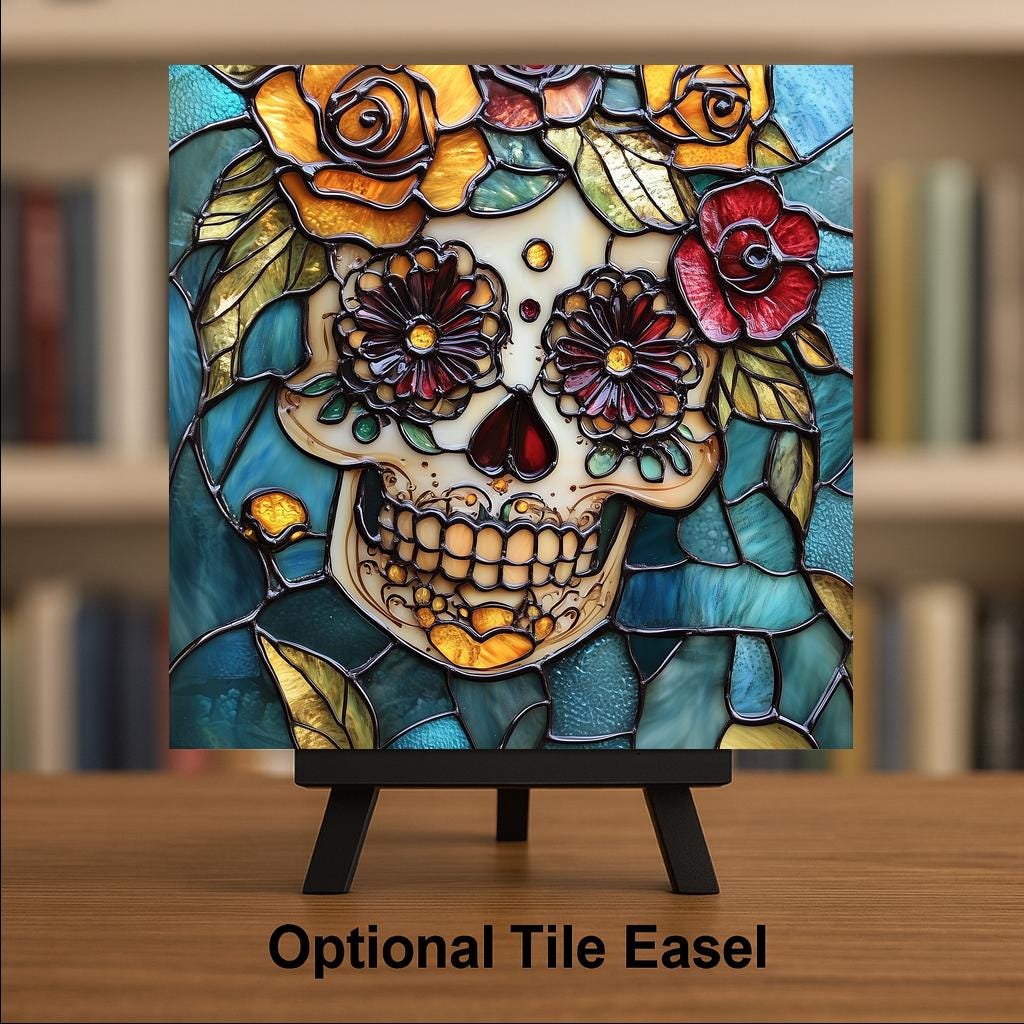 Sugar Skull Wall Art Ceramic Tile Stained Glass Style Dia de los Muertos Decor Vintage Rose Day of the Dead Skull Art