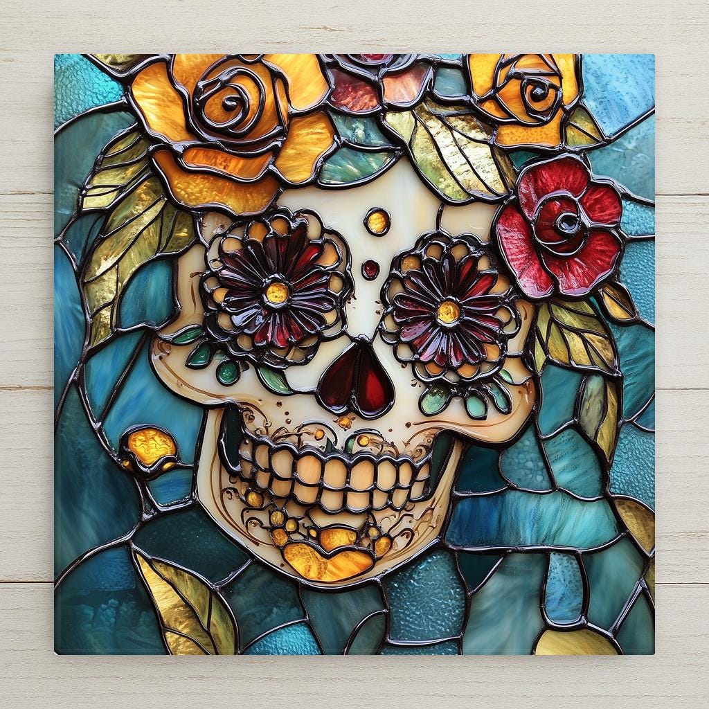 Stained glass style ceramic art tile of a Day of the Dead sugar skull with yellow and red roses and dark floral eyes on a teal-green leaded-glass background — a Dia de los Muertos decoration.
