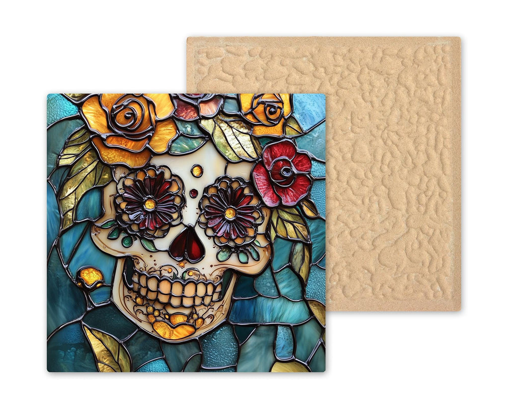 Sugar Skull Wall Art Ceramic Tile Stained Glass Style Dia de los Muertos Decor Vintage Rose Day of the Dead Skull Art