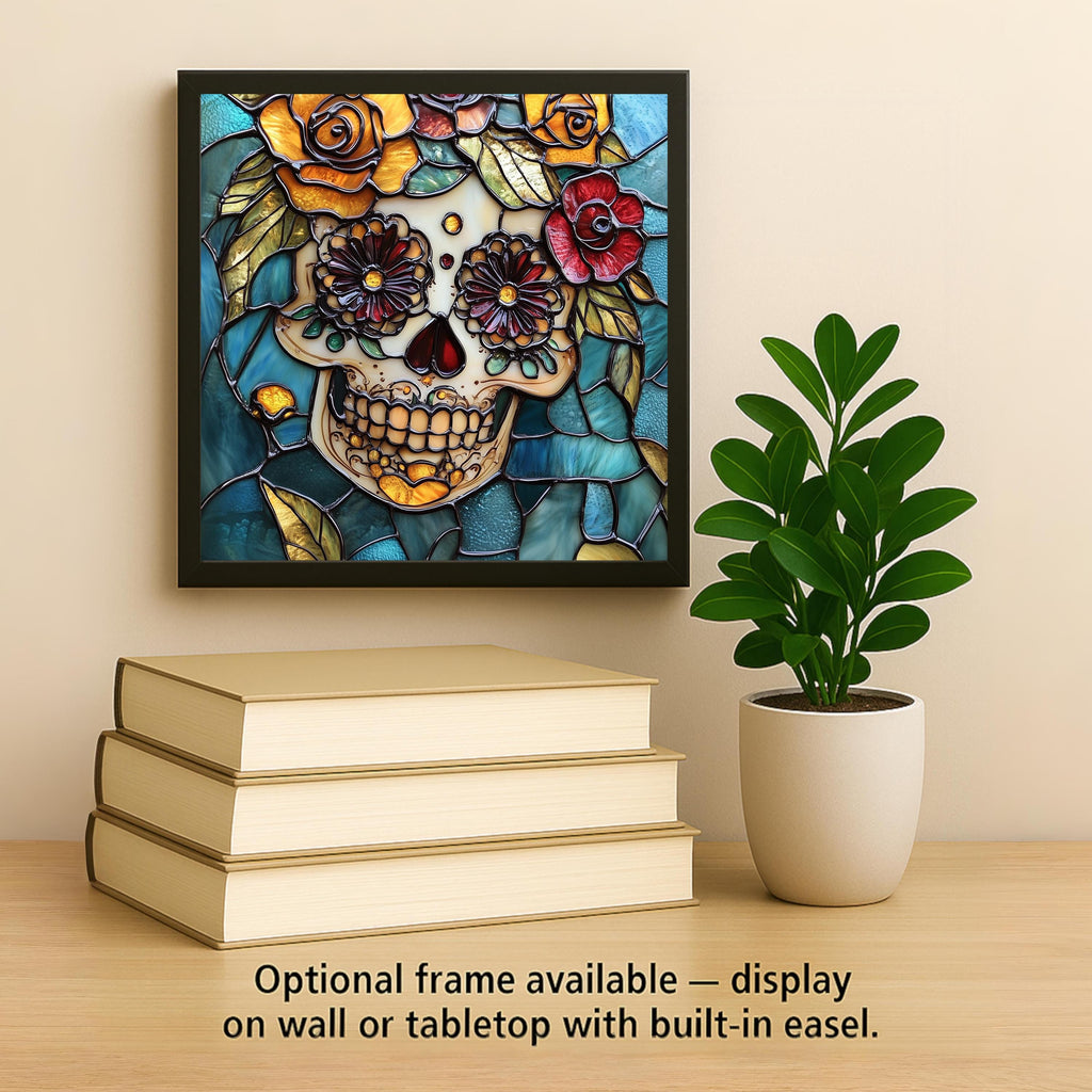 Sugar Skull Wall Art Ceramic Tile Stained Glass Style Dia de los Muertos Decor Vintage Rose Day of the Dead Skull Art