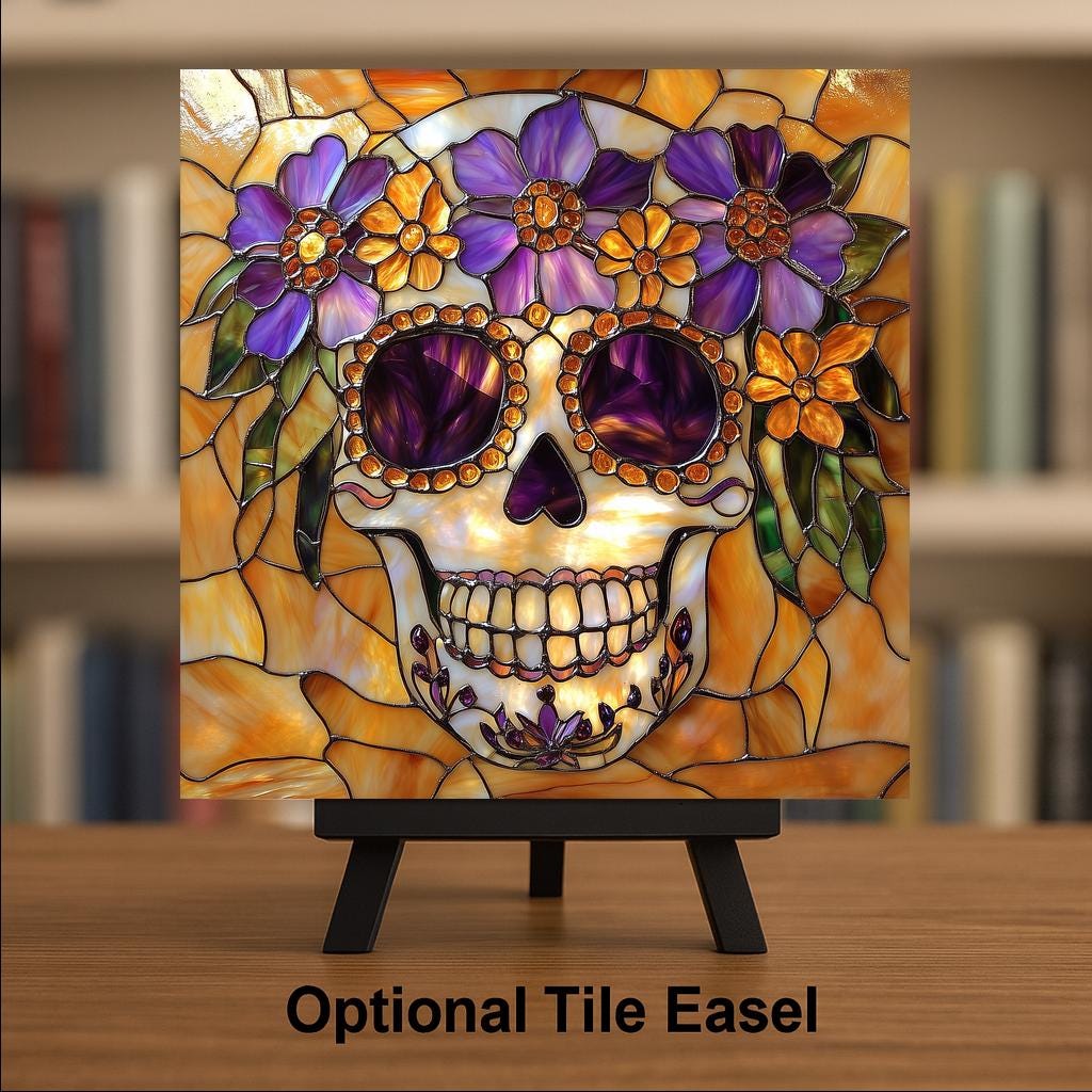 Sugar Skull Wall Art Ceramic Tile Stained Glass Style Dia de los Muertos Decor Purple Amber Day of the Dead Skull Art